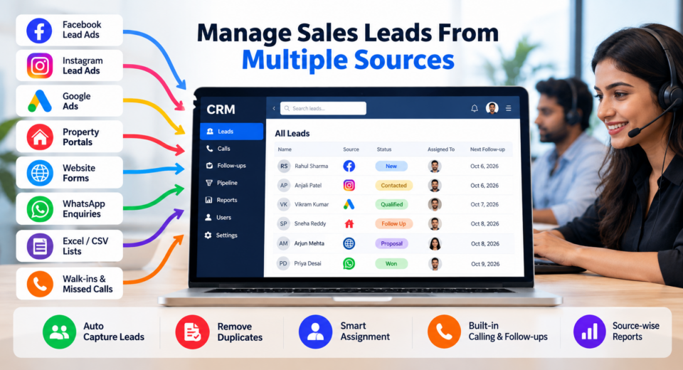 CRM dashboard showing sales leads from Facebook, Instagram, Google Ads, property portals, website forms, WhatsApp, and other sources in one centralized system.