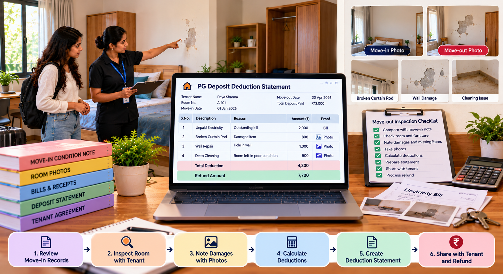 PG deposit deduction statement showing a property manager and tenant inspecting a room, documenting damage, reviewing unpaid utility bills, calculating security deposit deductions, and confirming the final refund.