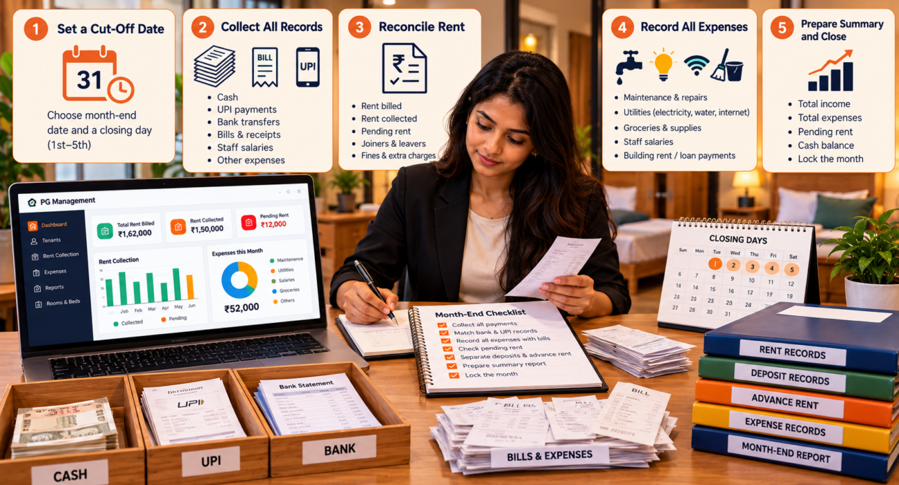 PG month-end accounting showing a property manager reconciling rent collected and pending, checking cash and UPI payments, organizing expense receipts, matching bank statements, and preparing a monthly financial summary.